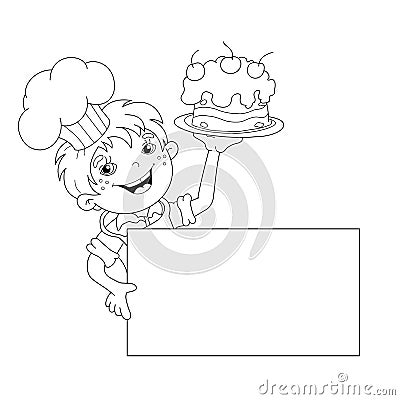 Coloring Page Outline Of cartoon Boy chef with cake. Menu Vector Illustration