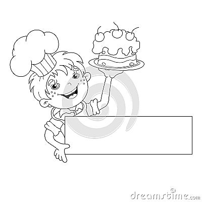 Coloring Page Outline Of cartoon Boy chef with cake. Menu Vector Illustration