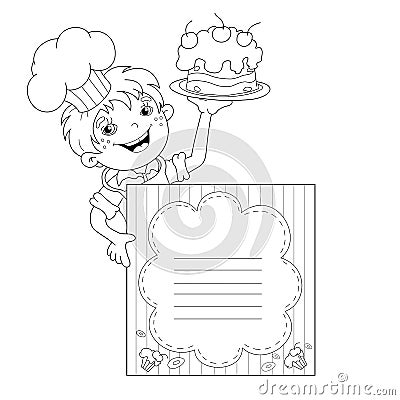 Coloring Page Outline Of cartoon Boy chef with cake. Menu Vector Illustration