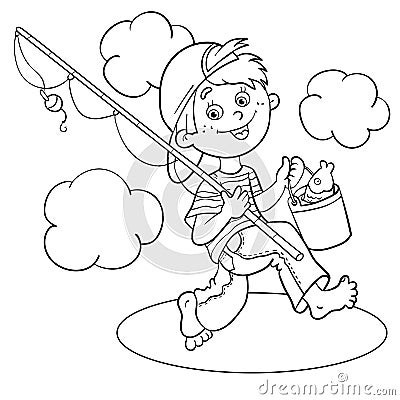 Coloring Page Outline Of A Cartoon Boy fisherman Vector Illustration
