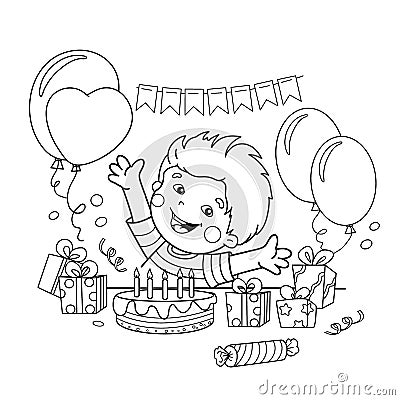 Coloring Page Outline Of cartoon boy with a gifts at the holiday. Birthday. Coloring book for kids. Vector Illustration