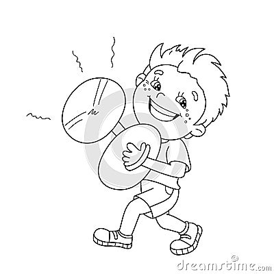 Coloring Page Outline Of cartoon Boy playing the cymbals Vector Illustration