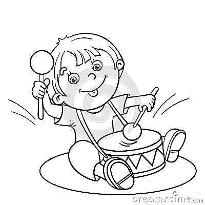 Coloring Page Outline Of a Cartoon boy playing the drum Vector Illustration