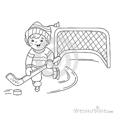 Coloring Page Outline Of cartoon boy playing hockey. Vector Illustration