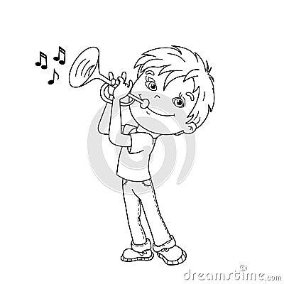 Coloring Page Outline Of cartoon Boy playing the trumpet. Musical instruments. Coloring book for kids Vector Illustration