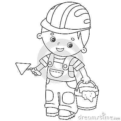 Coloring Page Outline of cartoon builder with cement mortar and trowel. Profession. Coloring book for kids Vector Illustration