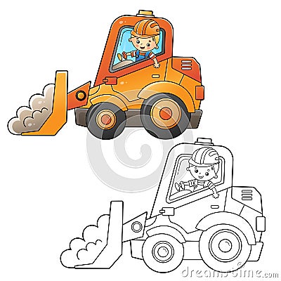 Coloring Page Outline Of cartoon bulldozer with worker. Construction vehicles. Coloring book for kids Vector Illustration