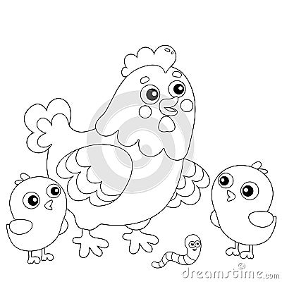 Coloring Page Outline of cartoon chicken or hen with chicks. Farm animals. Coloring book for kids Vector Illustration