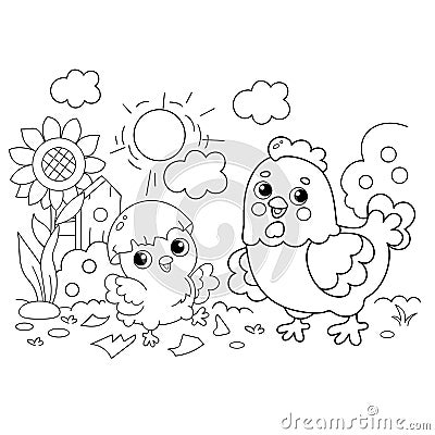 Coloring Page Outline of cartoon chicken or hen with newborn chick. Nestling with egg. Coloring book for kids Vector Illustration