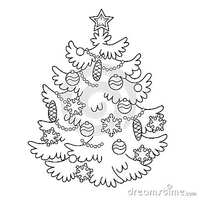 Coloring Page Outline Of cartoon Christmas tree with ornaments. Vector Illustration