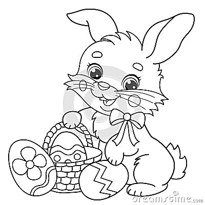 Coloring Page Outline Of cartoon cute Easter bunny with a basket of eggs and sweets. Coloring Book for kids Vector Illustration