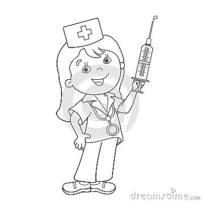 Coloring Page Outline Of cartoon doctor with a syringe Vector Illustration