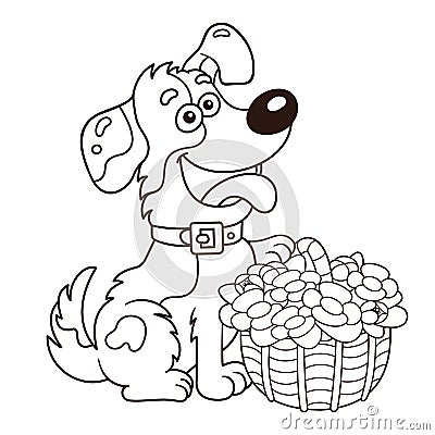 Coloring Page Outline Of cartoon dog with basket of flowers. Greeting card. Birthday. Valentine`s day. Coloring book for kids Vector Illustration