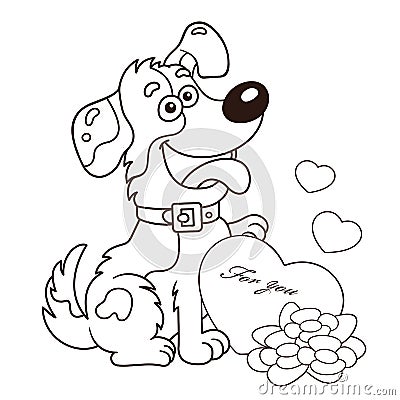 Coloring Page Outline Of cartoon dog with flowers and heart. Greeting card. Birthday. Valentine`s day. Coloring book for kids Vector Illustration