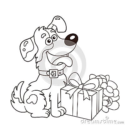 Coloring Page Outline Of cartoon dog with gift and flowers. Greeting card. Birthday. Valentine`s day. Coloring book for kids Vector Illustration