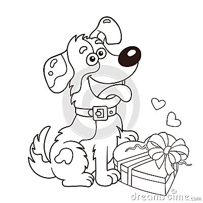 Coloring Page Outline Of cartoon dog with gift. Greeting card. Birthday. Valentine`s day. Coloring book for kids Vector Illustration