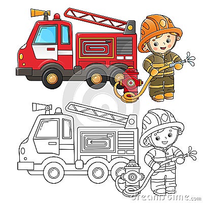 Coloring Page Outline Of cartoon fire truck with fireman or firefighter. Fire fighting. Professional transport. Coloring Book for Vector Illustration