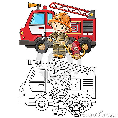 Coloring Page Outline Of cartoon fire truck with fireman or firefighter. Fire fighting. Professional transport. Coloring Book for Vector Illustration
