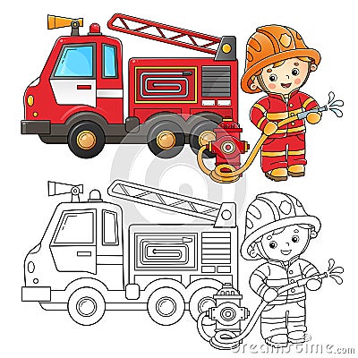 Coloring Page Outline Of cartoon fire truck with fireman or firefighter. Fire fighting. Professional transport. Coloring Book for Vector Illustration