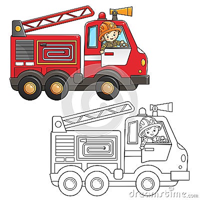 Coloring Page Outline Of cartoon fire truck with fireman or firefighter. Professional transport. Coloring Book for kids Vector Illustration