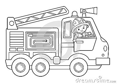 Coloring Page Outline Of cartoon fire truck with fireman or firefighter. Professional transport. Coloring Book for kids Vector Illustration