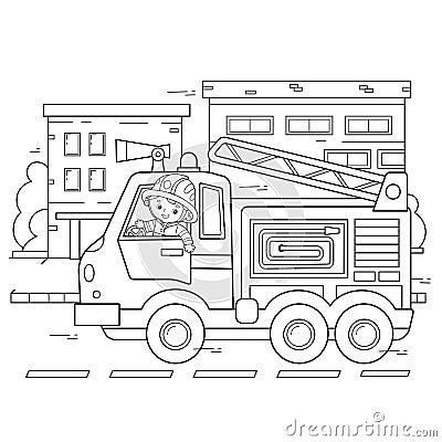 Coloring Page Outline Of cartoon fire truck with fireman or firefighter. Professional transport. Coloring Book for kids Vector Illustration