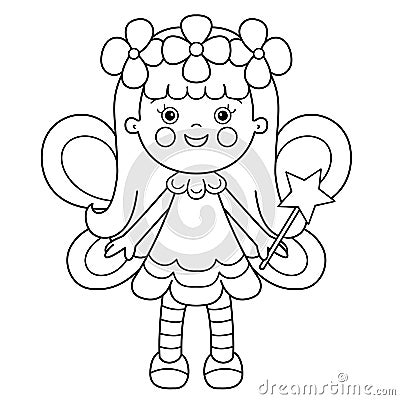 Coloring Page Outline Of cartoon flower fairy with magic wand. Little kind wizard or magician. Fairy tale hero or character. Vector Illustration