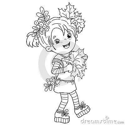 Coloring Page Outline Of cartoon girl with autumn leaves and sprigs of mountain ash. Coloring Book for kids Vector Illustration