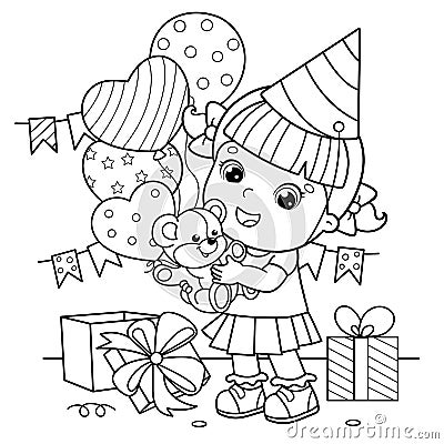 Coloring Page Outline Of a cartoon girl with a balloons and with with a teddy bear at the holiday. Birthday. Coloring book for Vector Illustration