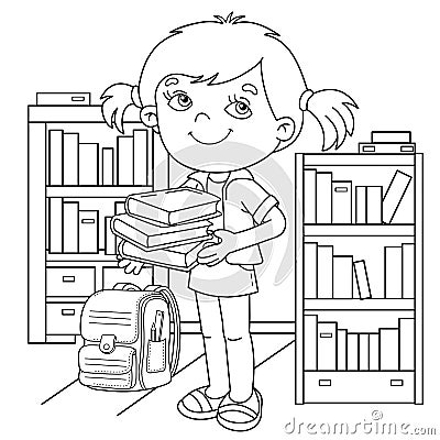 Coloring Page Outline Of cartoon girl with books or textbooks. Little student or schooler. School library. Coloring book for kids Vector Illustration