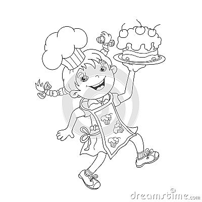 Coloring Page Outline Of cartoon Girl chef with cake Vector Illustration