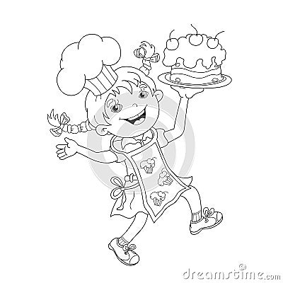 Coloring Page Outline Of cartoon Girl chef with cake Vector Illustration