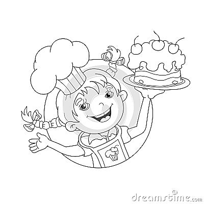 Coloring Page Outline Of cartoon Girl chef with cake Vector Illustration