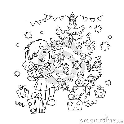 Coloring Page Outline Of cartoon girl with gift at Christmas tree. Christmas. New year. Coloring book for kids. Vector Illustration