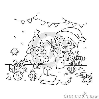 Coloring Page Outline Of cartoon girl making Christmas paper lanterns Vector Illustration