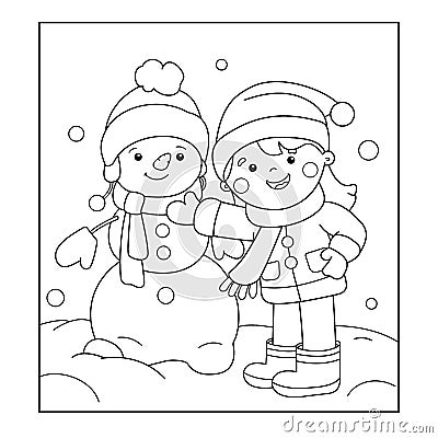 Coloring Page Outline Of cartoon girl making snowman. Winter. Vector Illustration