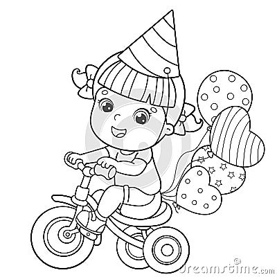 Coloring Page Outline Of a cartoon girl riding a Bicycle or bike with a balloons. Birthday. Coloring book for kids Vector Illustration