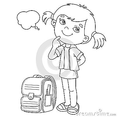 Coloring Page Outline Of cartoon girl with satchel. Little student or schooler. School. Coloring book for kids Vector Illustration