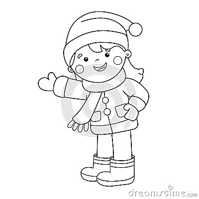 Coloring Page Outline Of cartoon girl. Winter. Coloring book Vector Illustration