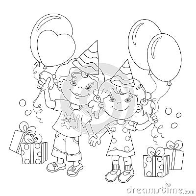 Coloring Page Outline Of cartoon girls with a gift Vector Illustration