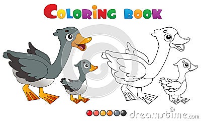 Coloring Page Outline of cartoon goose with gosling. Farm animals. Coloring book for kids Vector Illustration