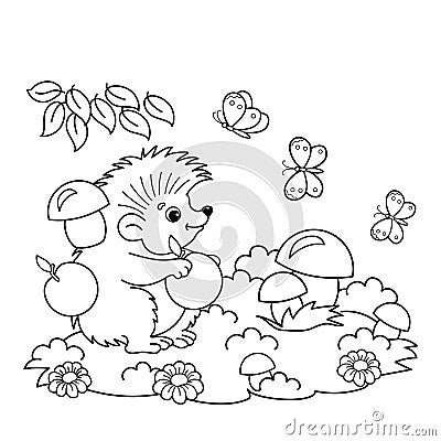 Coloring Page Outline Of cartoon hedgehog with apples and mushrooms in the meadow with butterflies. Coloring book for kids Vector Illustration