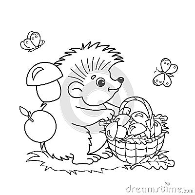 Coloring Page Outline Of cartoon hedgehog with basket of mushrooms in the meadow Vector Illustration