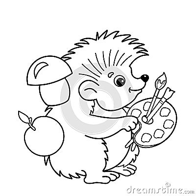 Coloring Page Outline Of cartoon hedgehog with brushes and paints Vector Illustration