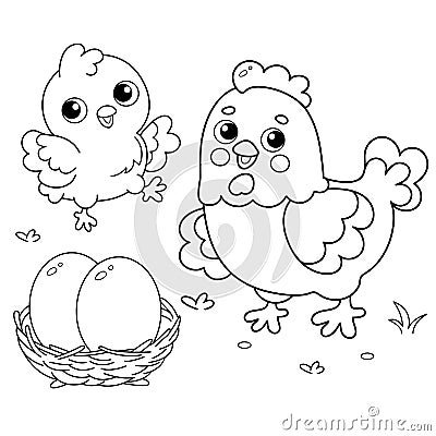 Coloring Page Outline of cartoon hen with little chick. Chicken nest with eggs. Coloring book for kids Vector Illustration
