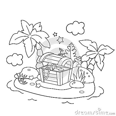 Coloring Page Outline Of Cartoon Island of treasure. Coloring book for kids. Vector image for pirate party for children Vector Illustration