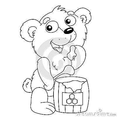 Coloring Page Outline Of cartoon little bear with barrel of honey. Coloring Book for kids Vector Illustration