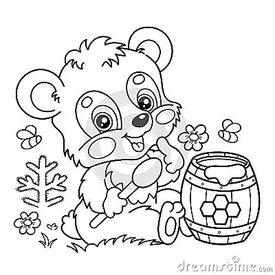 Coloring Page Outline Of cartoon little bear with barrel of honey. Coloring Book for kids Vector Illustration