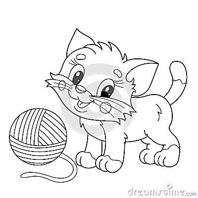 Coloring Page Outline Of cartoon little cat with ball of yarn. Cute playful kitten. Pet. Coloring book for kids Vector Illustration