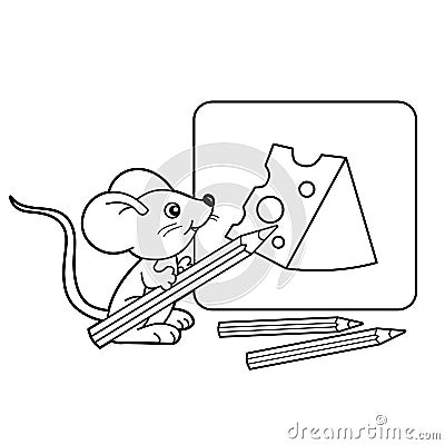 Coloring Page Outline Of cartoon little mouse with pencils with Drawing cheese. Coloring book for kids Vector Illustration